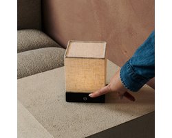 Tavellio – Tafellamp Zano – Zwart – Gemaakt van Hout & Linnen – Oplaadbaar, Dimbaar, Draadloos & USB – Touch schakelaar – Oplaadbare Tafellamp – Tafellamp op Accu – Leeslamp – Nachtlampje – Tafellamp Binnen en Buiten – 15CM – Tot wel 80 branduren