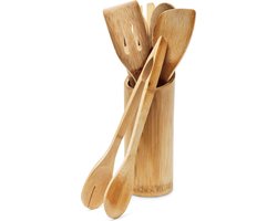 Taza Home Keukengerei Set – 7-delig – Bamboe – Duurzaam & Hittebestendig – Kooklepels & Spatels met Houder