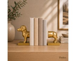 Tbeloo decoratieve boekensteun in de vorm van een gouden hond. Geschikt voor het ondersteunen van boeken en als stijlvolle woondecoratie voor woonkamer, slaapkamer, kantoor of boekenkast, set van 2