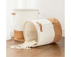 TDR - Katoenlinnen Opbergmand - Waterafstotende Binnenlaag - Speelgoedmand, Wasmand, handvaten , Opvouwbaar - 49 Liter - Wit & Kurk