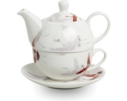 Tea for One - Kraanvogel - Theepot met Kop – Stijlvolle Theeset voor Individueel Gebruik – Porseleinen Theepot met Kop & Schotel – Japanse Stijl