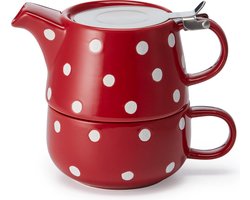 Tea for One "Lou" - Theepot met kopje - tea for one theepot inclusief theefilter - Rood met witte stippen