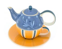 Tea for One “Oliviana” – Handgemaakt & Handgeschilderd – Keramiek – Theepot met kopje in één – Zachte blauw en oranjetinten – Uniek design