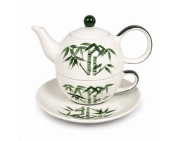Tea for One Set Bamboe - Handgeschilderd Keramiek - Theepot met Kop en Schotel - Wit Groen - 3-delige Theeset voor 1 Persoon