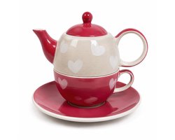 Tea for One Set Hartjes - Handgeschilderd Keramiek - Theepot met Kop en Schotel - Roze Wit - 3-delige Theeset voor 1 Persoon