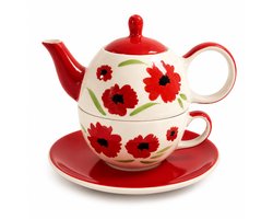 Tea for One Set Klaproos - Handgeschilderd Keramiek - Theepot met Kop en Schotel - Rood Wit - 3-delige Theeset voor 1 Persoon