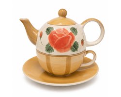 Tea for One Set Roos - Handgeschilderd Keramiek - Theepot met Kop en Schotel - Geel Crème - 3-delige Theeset voor 1 Persoon