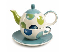 Tea for One Set Stippen - Handgeschilderd Keramiek - Theepot met Kop en Schotel - Blauw Groen Wit - 3-delige Theeset voor 1 Persoon