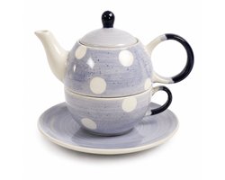 Tea for One Set Stippen - Handgeschilderd Keramiek - Theepot met Kop en Schotel - Blauw Wit - 3-delige Theeset voor 1 Persoon