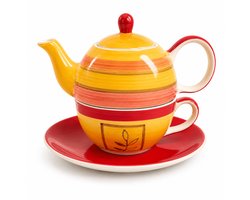 Tea for One Solara - Handgeschilderde Keramieken Theeset voor 1 Persoon - Theepot met Kop en Schotel - Geel Oranje Rood