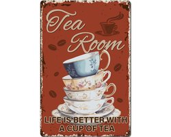 Tea Room Tin Sign - Retro Metal Poster - Vintage Teacup Art - Plates Gallery Wall Signs - Hanging Home Decoration - Outdoor Decoration for Tea Room Kitchen Garden 30x20cm - Life Is Better With A Tea
