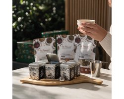 Tea Treasure Theeplateau met 6 Smaken Losse Thee (300 gr) – Bamboe met 6 Theeblikken, Theeschep & Theefilter – Sinterklaas & Kerstcadeau