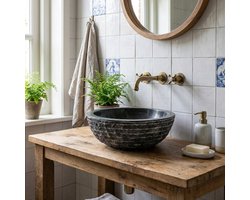 Teakea - Oblique Waskom van Zwart Marmer 40x21/15 cm - Luxe Ronde Natuursteen Waskom