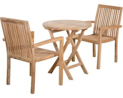 Teakea - Tuinset Twee Teak Pile Stapelbare Stoelen met Klaptafel Ø60 cm - Compacte Bistroset