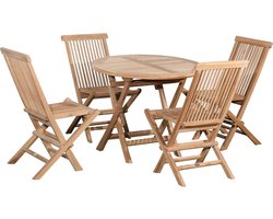 Teakea - Vier Inklapbare Teak Tuinstoelen + 70 cm Ronde Inklapbare Teak Tuintafel
