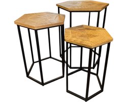 TeakOne - Side Table - Set/3 - Industrieel - Mangohout - koffietafeltje - Koffietafeltje - Bijzet tafel - Staander