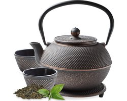 Tealøv THEE SET 1,1 LITER GIETIJZER | COMPLETE SET IN GESCHENKDOOS | Gietijzeren Theepot met Roestvrijstalen Zeef, Gietijzeren Theekopjes en Onderzetter | In Authentiek Japanse Stijl | Arare Zwart-Koper