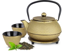 Tealøv THEE SET 800 ML GIETIJZER | COMPLETE SET IN GESCHENKDOOS | Gietijzeren Theepot met Roestvrijstalen Zeef, Gietijzeren Theekopjes en Onderzetter | In Authentiek Japanse Stijl | Arare Goud