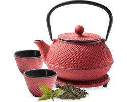 Tealøv THEE SET 800 ML GIETIJZER | COMPLETE SET IN GESCHENKDOOS | Gietijzeren Theepot met Roestvrijstalen Zeef, Gietijzeren Theekopjes en Onderzetter | In Authentiek Japanse Stijl | Arare Rood
