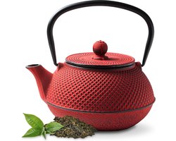 Tealøv THEEPOT GIETIJZER 800 ml | GIETIJZEREN THEEPOT Arare in Japanse Stijl | Met Uitneembare Roestvrijstalen Theezeef | Binnenzijde Volledig Geëmailleerd | Arare Japans Rood