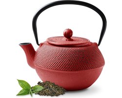 Tealøv THEEPOT GIETIJZER 1,1 Liter | GIETIJZEREN THEEPOT Arare in Japanse Stijl | Met Uitneembare Roestvrijstalen Theezeef | Binnenzijde Volledig Geëmailleerd | Japans Rood
