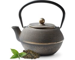 Tealøv THEEPOT GIETIJZER 1,1 Liter | GIETIJZEREN THEEPOT Arare in Japanse Stijl | Met Uitneembare Roestvrijstalen Theezeef | Binnenzijde Volledig Geëmailleerd | Zwart / Goud