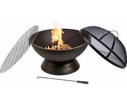 Teamson Home Ronde Metaal Vuurkorf Buiten - Vuurschaal - Terrashaard - Omvat Barbecue Grill, Pook & Deksel - Bronzen