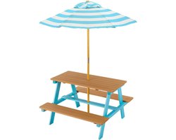 Teamson Kids Dakota Houten Picknicktafel met Gestreepte Parasol – Buiten Speeltafel & Bankjes voor Kinderen, Blauw