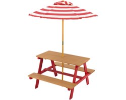 Teamson Kids Dakota Houten Picknicktafel met Gestreepte Parasol – Buiten Speeltafel & Bankjes voor Kinderen, Rood