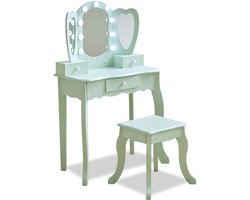 Teamson Kids Hartvormige kaptafel saliegroen met LED-verlichting, driedelige spiegel, kruk en lades, stimuleert fantasie en creativiteit