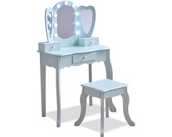 Teamson Kids Houten Kaptafel Kinderen - Hartvormig - LED Lichten - Tafel en Stoel Set - Blauw