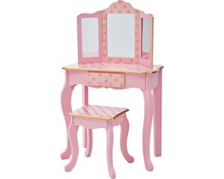 Teamson Kids Houten Kaptafel Kinderen - Tafel en Stoel Set - Polka Dot - Roze/Goud