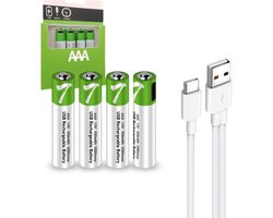 Tech Essentials AAA USB-C Oplaadbare Batterijen - 4-Pack - 1.5V - 550mWh - Li-ion - Lithium