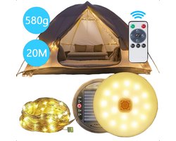 Tech Essentials Solar Camping Lichtsnoer - 200LEDs - 20M - Warm-Wit Licht - Tentlamp - USB-Oplaadbaar - Met Afstandsbediening - Oprolbaar - Kampeerlamp - Zonneenergie Hanglamp - Nood