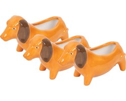 Teckel - 3 stuks - bloempot - bloembak - plantenbak - vaas - hond - teckelbloempot - oranje - lichtbruin - porselein - teckelvaas - set van 3 stuks
