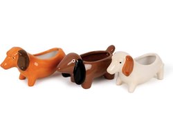 Teckel - 3 stuks - bloempot - bloembak - plantenbak - vaas - hond - teckelbloempot - wit - oranje - donkerbruin - porselein - teckelvaas - set van 3 stuks - trio wit bruin oranje