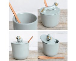 Teckel - hond - porselein - suikerkom - suikerpot - suiker - zout - zoutkom - turquoise - groen - mintgroen - kom - pot - voorraadpot - teckel kom - teckel pot - teckel suikerpot