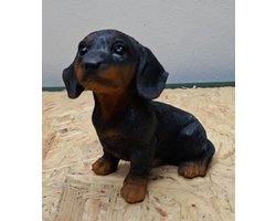Teckel hond zwart-bruin beeldje -11cm hoog - polyresin - polystone - Decoratie - Woonaccessoires - Beeld