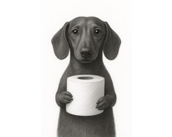 Teckel met WC-Rol Poster Ingelijst – 23x33cm – Grappige Honden Illustratie – Inclusief Zwarte Lijst – Woonkamer | Toilet | Cadeau