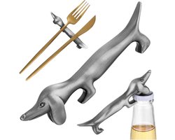 Teckel - multifunctionele teckelopener - zilveren flessenopener - flesopener - bieropener - sleutelopener - messsing - hond - teckel bestekhouder - teckelbeeld
