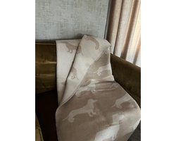 Teckel - plaid - 100% wollen deken - beige - teckelprint - teckels - deken - sprei - wol - 130x175cm - zand - 2 kleurig - MET GRATIS TECKEL DEURWIG MEEGELEVERD