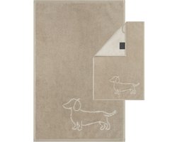 Teckel - set handdoek met gastenhanddoek - handdoekenset - teckel handdoek - handdoek 100x50cm - teckel gastenhanddoek - gastenhanddoek - 30x50cm - dubbelzijdig - beige - taupe - teckelprint