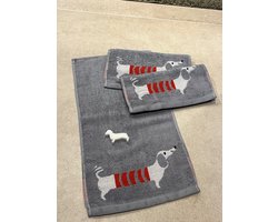 Teckel - set van 3 handdoeken inclusief 1 teckel zeepje - gastenhanddoek - 50x25 cm - grijs - katoen - badstof - hond - toilet handdoek - zeep - teckelzeep