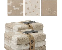 Teckel - set van 6 teckel gastenhanddoekjes - teckel handdoekjes - teckelprint handdoek - dubbelzijdig - 30x30cm - beige taupe - hond - teckel gastendoekjes