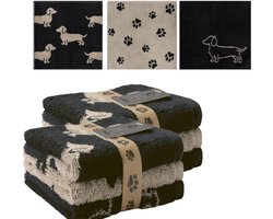 Teckel - set van 6 teckel gastenhanddoekjes - teckel handdoekjes - teckelprint handdoek - dubbelzijdig - 30x30cm - beige zwart - hond - teckel gastendoekjes