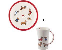 Teckel - set van teckelbord met teckelmok - teckel cappucino mok (530ml) - teckel ontbijtbord (22cm) - teckel servies - teckel ontbijtset - hond - teckelprint - rood wit