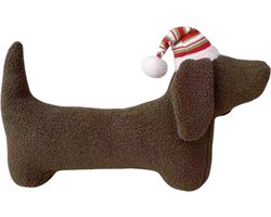 Teckel - sierkussen - kussen - knuffel - teckelkussen - teckelknuffel - hondenkussen - hond - kussen in de vorm van een teckel - teckel met muts - donkerbruin - chocoladebruin 45x25cm