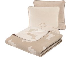 Teckel - teckel plaid - teckel deken - set grote teckel plaid met grote bijhorende teckel kussenhoes - teckel deken - teckelplaid - beige - teckelprint - 200x100 - grote teckel kussenhoes 50x50cm - sprei - teckel sprei
