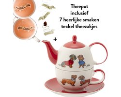 Teckel - teckel theepot - teckel theekopje - teckel mok - tea for two - tea for one - hond - teckelprint - 400ml - voor 2 koppen thee - inclusief 7 teckel theezakjes - theezakjes teckelvorm - rood wit
