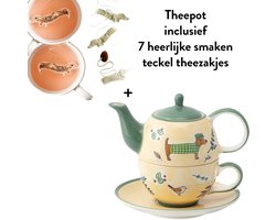 Teckel - teckel theepot - teckel theekopje - teckel mok - tea for two - tea for one - hond - teckelprint - 400ml - voor 2 koppen thee - inclusief 7 teckel theezakjes - theezakjes teckelvorm - groen beige